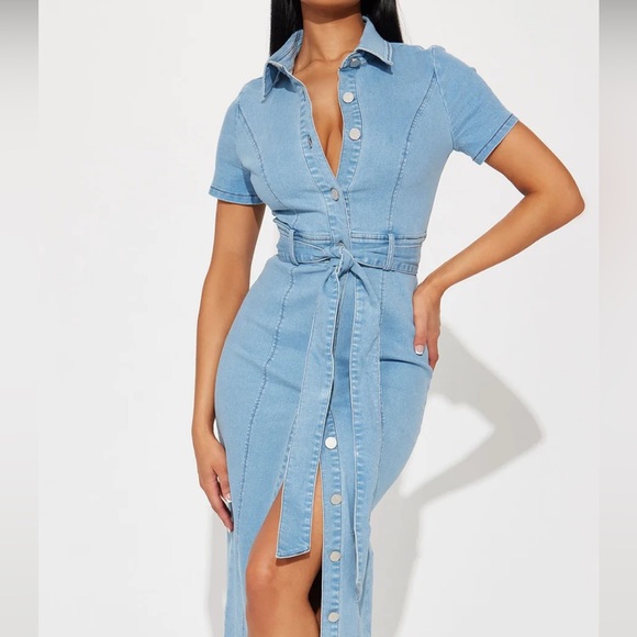 Fashion Nova Dresses & Skirts - Fashion Nova Washed Denim Maxi Dress Small Button Front Belted Light Wash Chic
